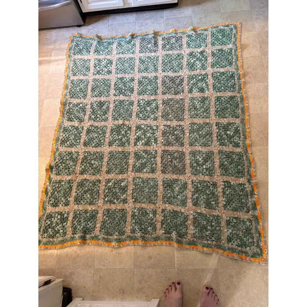 Vintage Handmade Crochet‎ Granny Square Blanket Green Cream Orange Boho Throw